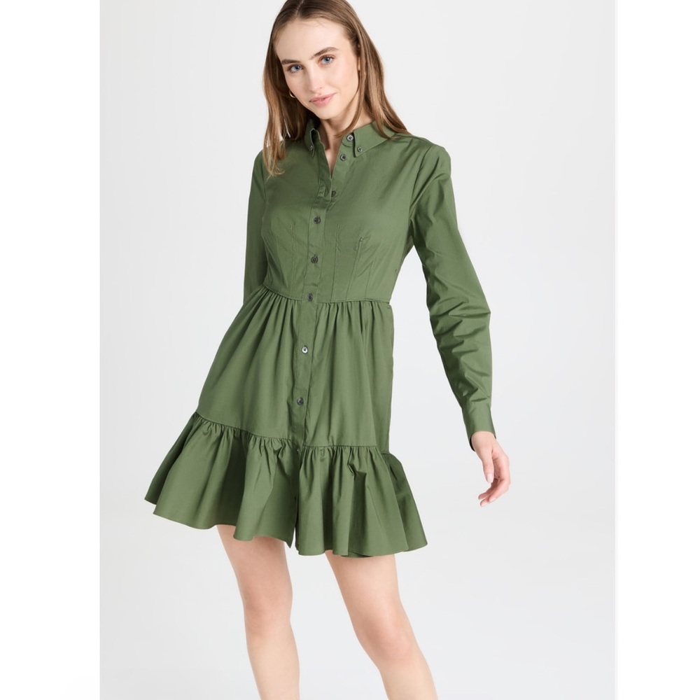 Veronica Beard Delbie Army Green Button Down Tiered Mini Dress NWT